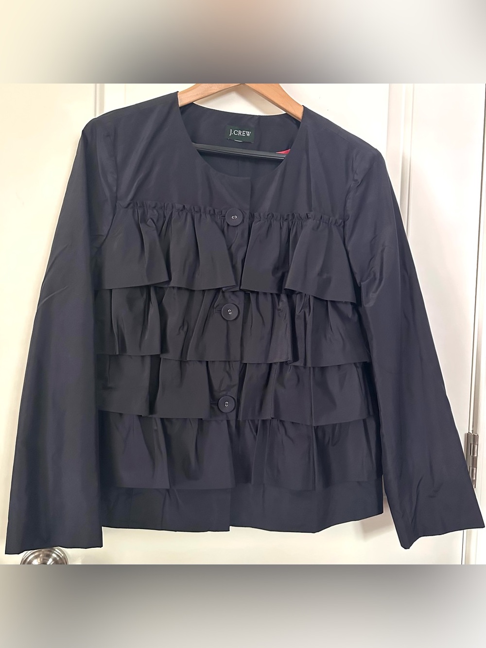 J.Crew Collection Navy Ruffle Taffeta Cocktail Jacket Blazer L